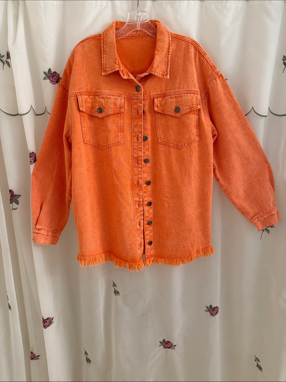 Orange Denim Button-Up Jacket with Frayed Hem and Pockets